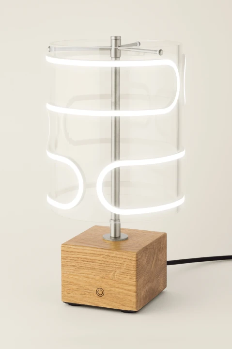 Stołowa lampa dekoracyjna Cloud stal nierdzewna barwa neutralna dąb.png